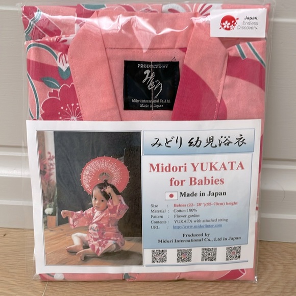 YUKATA for Baby Girl. Midori Yukata Kimono Made in Japan. Pink Flower - Picture 2 of 4